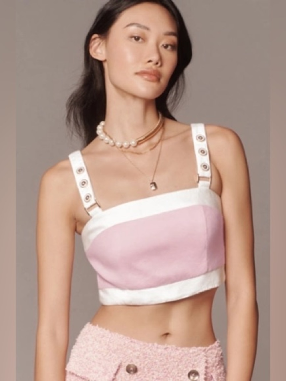 Anthropologie Maeve Square-Neck pink-white button Cropped Linen Tank Top - Picture 2 of 10